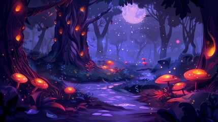 Dark mysterious forest landscape with trees and road, glowing worms and mushrooms in the darkness, modern illustration of a cartoon night forest landscape with trees and road.