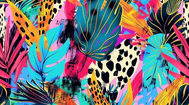 Abstract seamless pattern with tropical leaves, leopard print and abstract shapes in vibrant colors. Colorful illustration. 