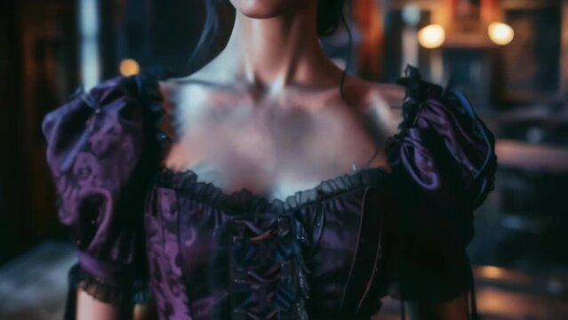 A haunting presence materializes in the old saloon her pale figure clad in a vintage corset top with a square neckline and a voluminous tattered skirt of black and dark 2d flat cartoon.