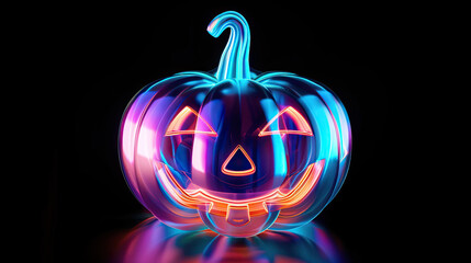 Holographic glass Neon spooky halloween pumpkin, on black background
