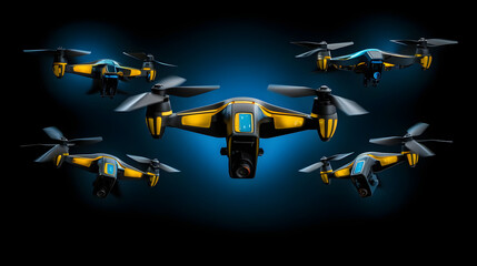 Drone Technology Concept with Blue and Yellow Quadcopters Flying on Black Background