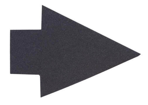 Isolated cut out black paper cardboard arrow direction sign with texture and copy space for text on white or transparent background
