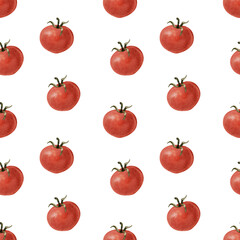 Watercolor vegetables seamless pattern. Fresh healthy food background. Red tomatoes. Agriculture, local farmers market, diet, organic cooking illustration, print for textile