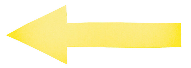 Isolated cut out yellow paper cardboard arrow direction sign with texture and copy space for text on white or transparent background
