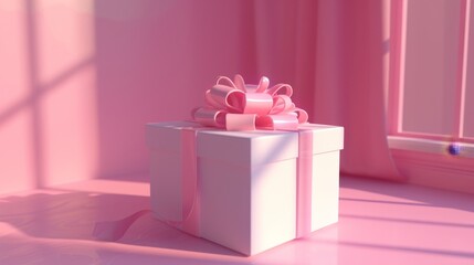 Realistic 3D render of Christmas gift box with pink ribbon. Isolated white package with pastel glossy bow on white background. Holiday surprise, present for birthday, christmas or wedding, gift for