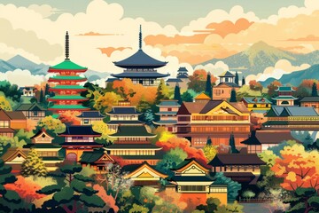 Fototapeta premium Illustration of Kyoto City with with vibrant colors