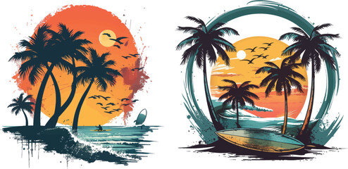 Surfing poster with palm trees