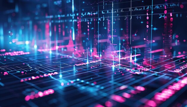 A glowing blue and pink circuit board with binary code raining down.