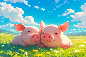 cartoon of a cute pair of pigs in the park