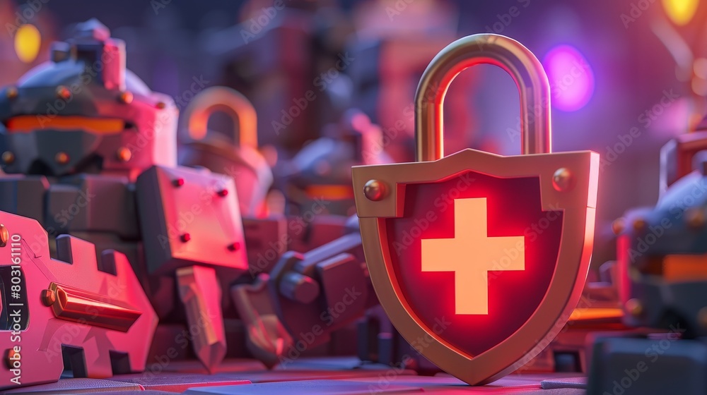 Poster illustration of security warnings, wrong passwords or login errors with a red padlock, shield with c
