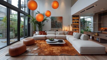 Naklejka premium Design a modern living room with a statement lighting fixture, such as a sculptural pendant or a sleek floor lamp.