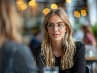 Obraz premium Professional Blonde Woman in Glasses Engaged in Conversation at Cafe with Blurred Background