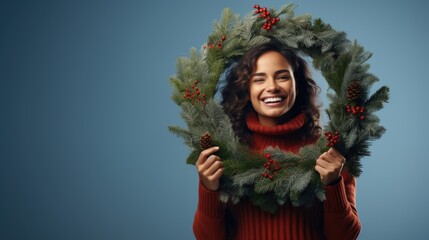 Joyful Woman with Festive Christmas Wreath on Blue Background