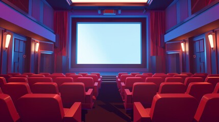 The blank interior of a movie theater or cinema hall with a white screen, rows of red seats, and lighting. Cartoon modern illustration of the empty interior of a movie theater or cinema hall with a