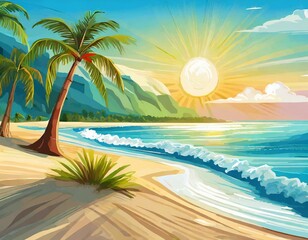 Obraz premium Summer tropical beach landscape with some large palm trees and a few green hills in the backgroundin a sunny afternoon