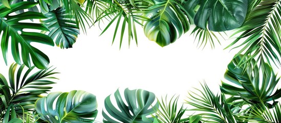 Tropical green palm leaves and jungle foliage pattern isolated on a white background, with space for text or design.