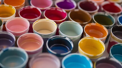 A close-up of various colored paint buckets.