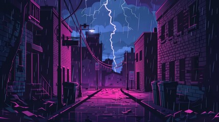 A dark alleyway with old city houses and neon signs in the rain, garbage bins and lightning in the sky, modern cartoon illustration of a backstreet alley in the city at night.