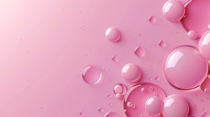 The background features pink water drops and a horizontal backdrop with scattering spherical aqua bubbles, wet liquid texture. Template for advertising beauty products, skincare products, cosmetics,