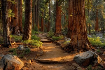 Fototapeta premium A serene forest path surrounded by towering sequoia trees, inviting contemplation and connection with nature
