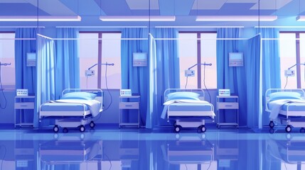 Room with couches on wheels and clinic with comfortable sleeping place for patients and therapeutic treatment, modern illustration of hospital chamber with modern medical beds separated by curtains.