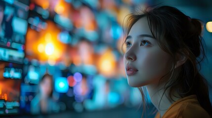 Virtual Meeting Interaction: Woman Focused on Digital Conference Screens