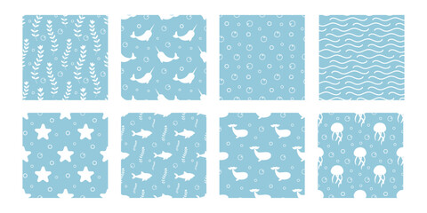 Set underwater seamless pattern. Shark, whale, algae, sea star, wave, bubble, dolphin, narwhal, jellyfish. Blue color