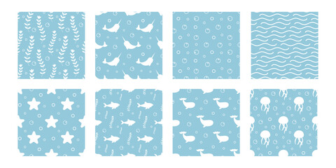 Set underwater seamless pattern. Shark, whale, algae, sea star, wave, bubble, dolphin, narwhal, jellyfish. Blue color