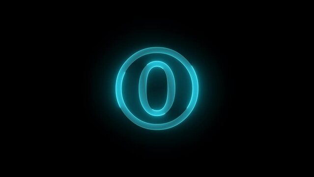 Zero number icon glowing neon cyan color animation black background