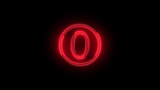 Zero number icon glowing neon red color animation black background