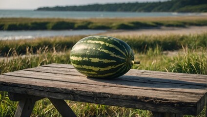 Watermelon on a wooden table next to the beach