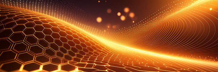 dynamisch bewegte Wellen Struktur Waben Muster technische Daten Schwingung als 3D Landschaft in leuchtenden gelb gold Licht vor dunklen Hintergrund als Vorlage für Daten Bewegung Design Technik