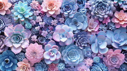 Colorful flowers and succulents are spread all over the place, soft candy colors, colors lavender,generative ai