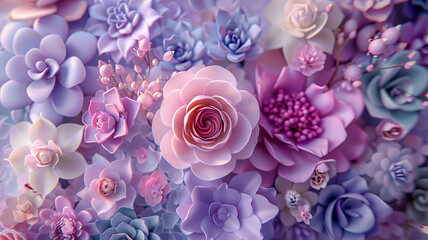 Colorful flowers and succulents are spread all over the place, soft candy colors, colors lavender,generative ai