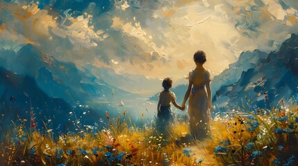 Obraz premium A peaceful landscape painting featuring a mother and child walking hand in hand