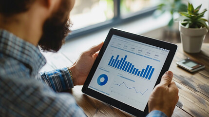 Professional analyzing complex business data on a digital tablet, with charts and graphs, in a modern work environment