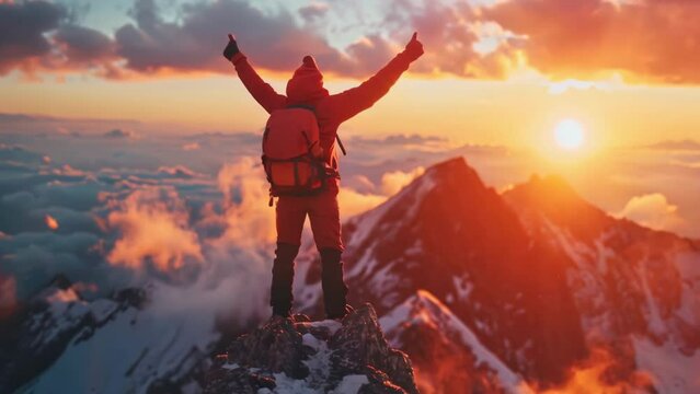 Successful man stand top of alps mountain. Fun adventure. Hiker achieve high rock peak. Travel success freedom motivation concept. Tourist climber go hike enjoy view. Backpacker explore epic journey.