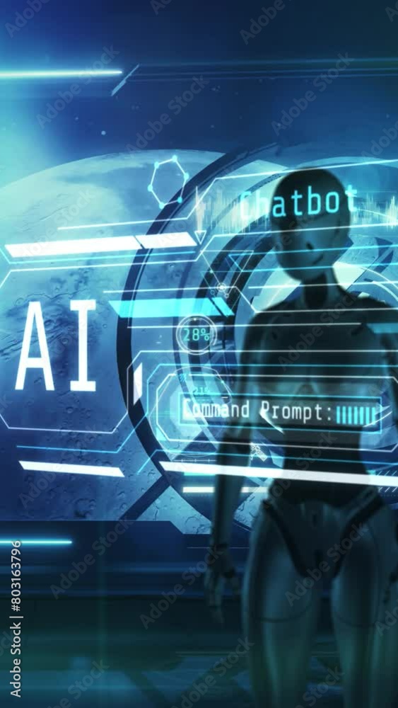 Poster artificial intelligence works on the space station. 3d render