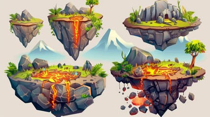 An illustration of a flying land platform for UI design in a game. Modern cartoon illustration of islands surrounded by lifeless rocks, mountains, soil with caves, and volcanoes with fiery lava.