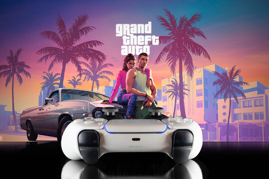 New GTA 6 logo on background with Playstation 5 controller. 2 May, 2024, Sao paulo, Brazil.