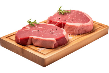 raw meat PNG placed on a rustic wooden Plate Raw Beef isolated on Transparent and white background - Uncooked Slice Butcher BBQ Adverising Concept