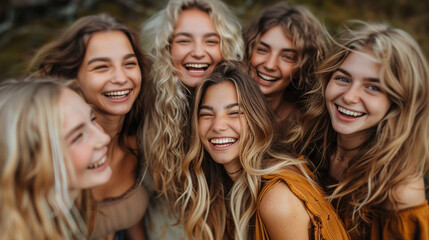 Obraz premium Five young attractive women with long blond hair smiling and laughing together.