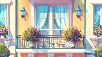 An old brick building facade with balconies and glass doors, surrounded by flowers in pots, plants, and furniture. The exterior of an apartment building, modern cartoon illustration.