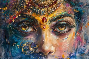 Craft a mesmerizing oil painting depicting a powerful deity at eye-level angle, exuding divine energy and grace, with rich, celestial hues and intricate details