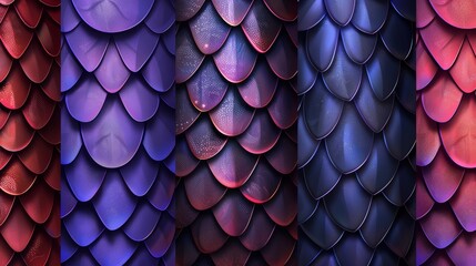 Seamless patterns of blue, purple, and red squama of fish, mermaid, reptile, or fantasy monster, modern cartoon image.