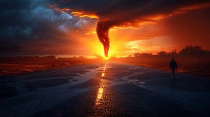 Obraz premium A menacing tornado emerges from the sky, poised to unleash its destructive force upon an unsuspecting field. A majestic tornado is forming over calm farmlands.