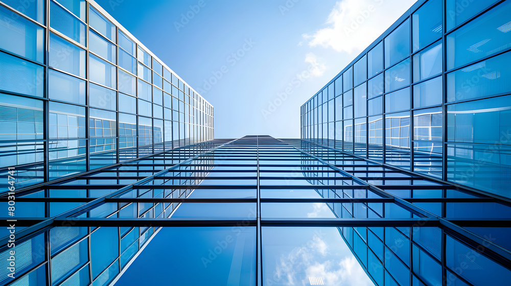 Wall mural glass office building on blue sky background. closeup of the exterior wall.