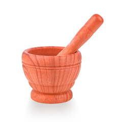 Wooden pattern mortar with pestle on white background.