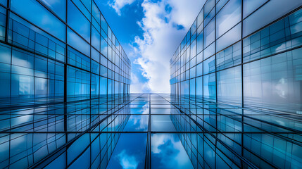 glass office building on blue sky background. closeup of the exterior wall.