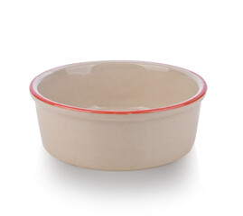 Dark beige bowl with orange rim is isolated on white